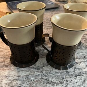 Vintage Pfaltzgraff Coffee Mugs with Copper Holder Set of 4